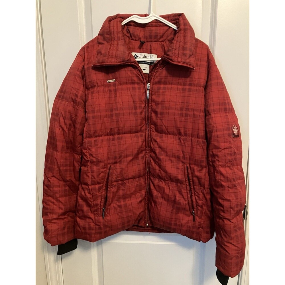 Columbia Jacket Women Large Red Plaid Quilted Down Insulated Puffer Coat no hood